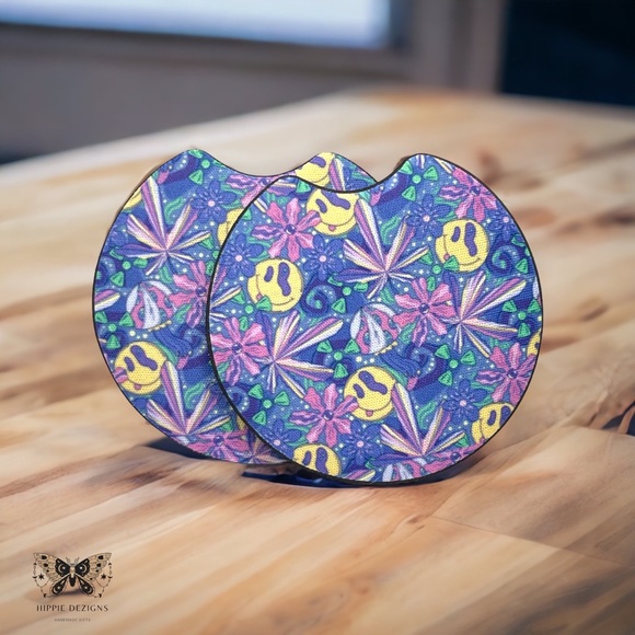 Trippy Smiley Face Car Accessories | Trippy Car Coaster Set | - Picture 3 of 15